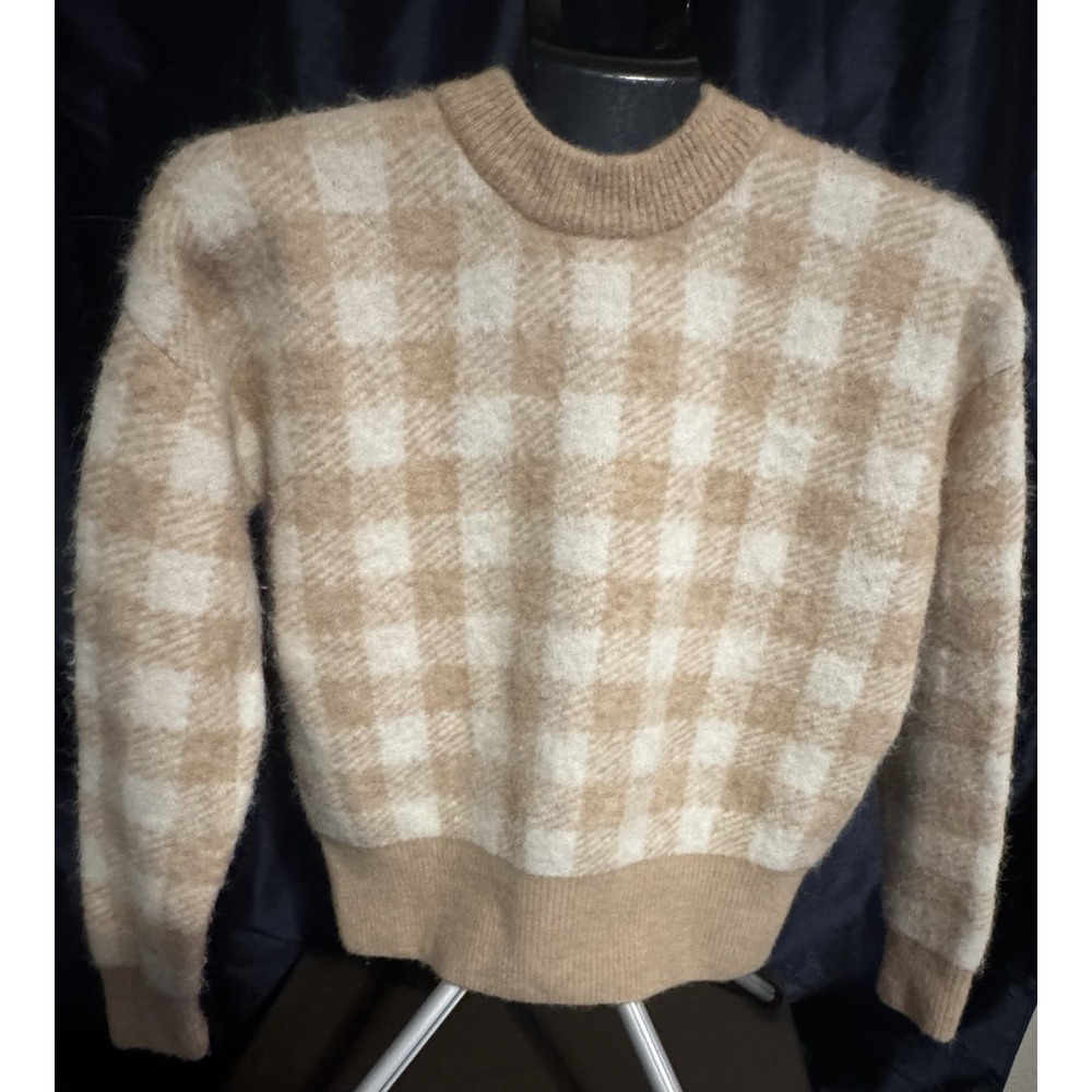 Sezane Becky Jumper  Baby Alpaca Sweater Beige Gingham Fuzzy Knit Parisian Chic - Picture 2 of 7